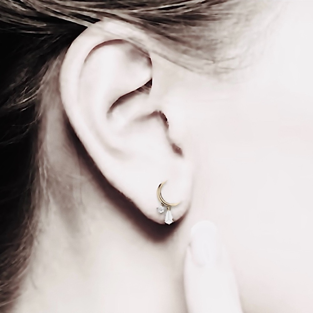 “Tears from the Moon” Crescent Sliver Dripping Crystals Swarovski Tiny 14K Studs - Picture 6 of 12